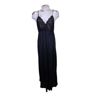 VTG‎ Gilead Long Nightgown Medium Black Nylon & Brown Lace Empire Waist Slit
